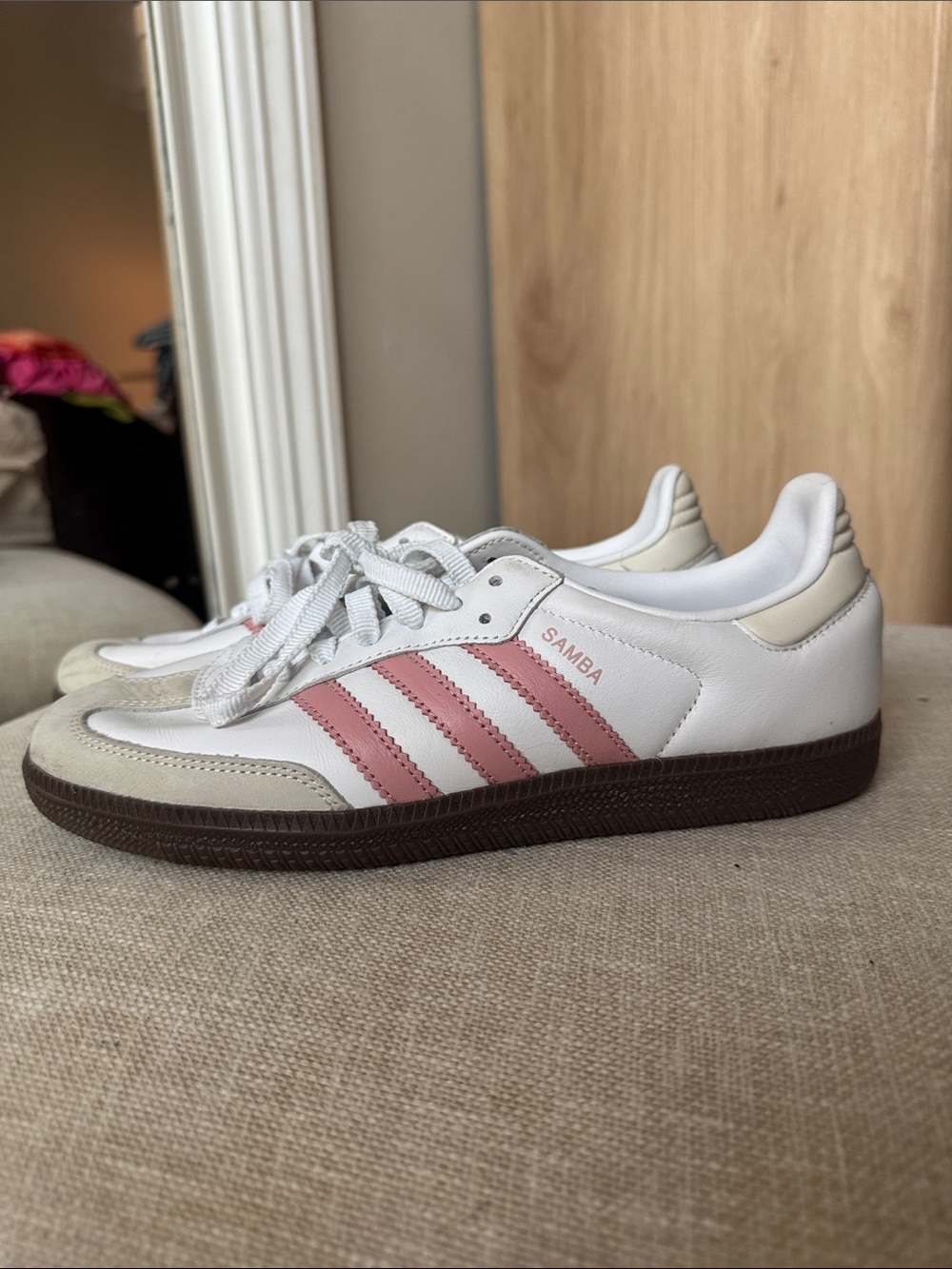 Adidas Women’s Samba Leather Sneaker - White with Pink Stripes